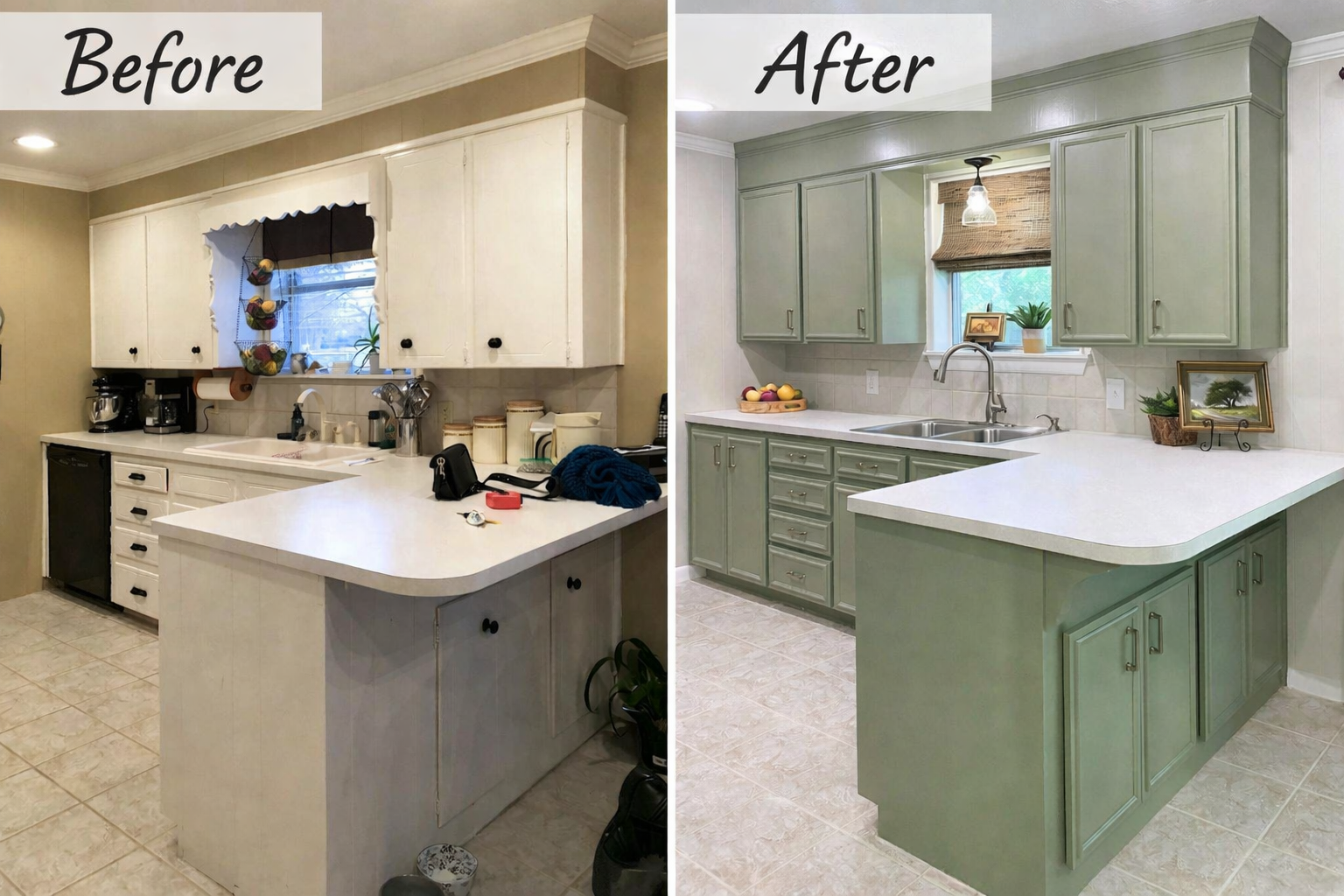 A before and after image of Freedom Painting & Drywall Finishing's work on a Columbus, Ohio homeowners kitchen cabinet repainting.